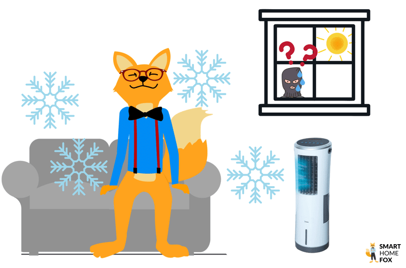 Эксперт Smart Home Fox сидит на диване и наслаждается прохладным ветерком от мобильного кондиционера без воздуховода, а грабитель стоит за окном и бесцельно смотрит, потому что риска взлома с открытым окном нет.